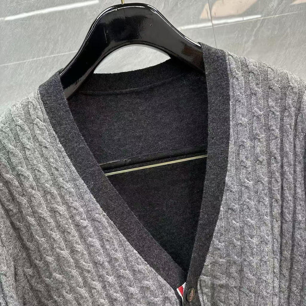 Unisex Two-Tone Cable Knit V-Neck Cardigan - Grey Wool by Thom Browne, outerwear detail view