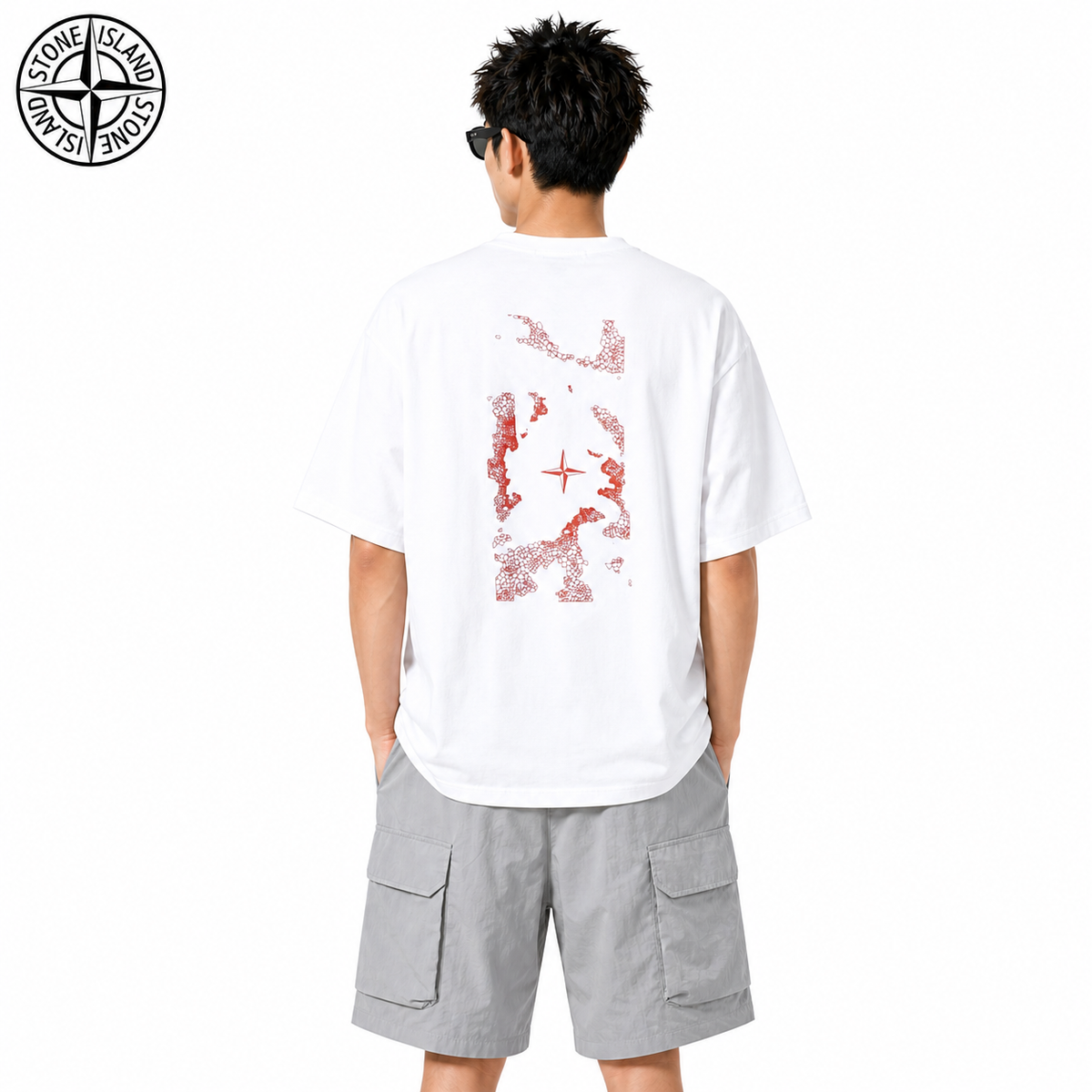 Stone Island Red Mosaic Compass Back Graphic Cotton T-Shirt on male model - back view