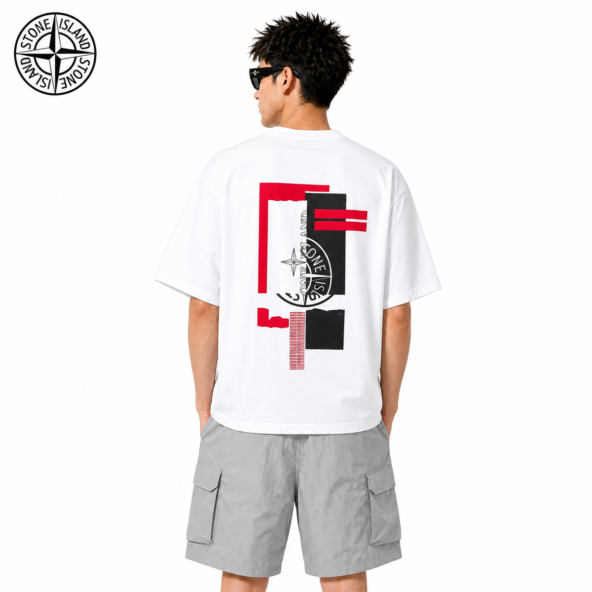 Stone Island Red Black Abstract Compass Back T-Shirt on male model - back view
