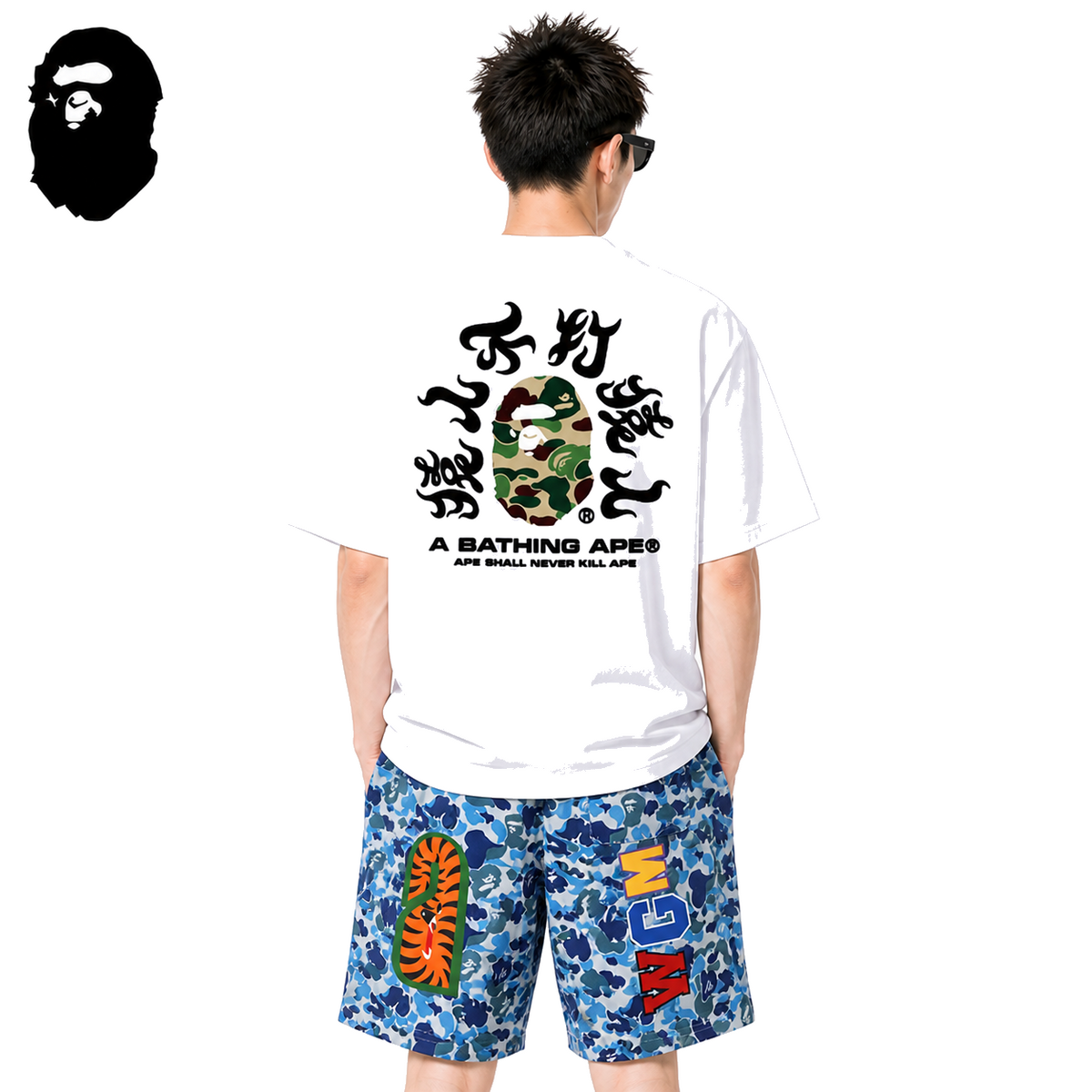 BAPE Green ABC Camo Kanji Back Print Men's T-Shirt - White - White streetwear model on pure white background