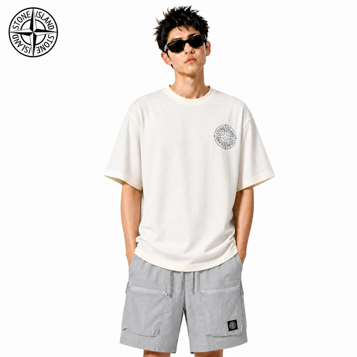Stone Island Outline Compass Cotton T-Shirt on male model - front view