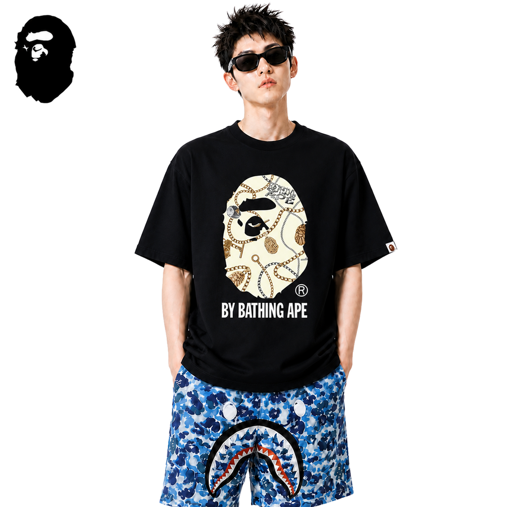 BAPE Jewels Ape Head Men's Graphic T-Shirt - Black - Black streetwear model on pure white background