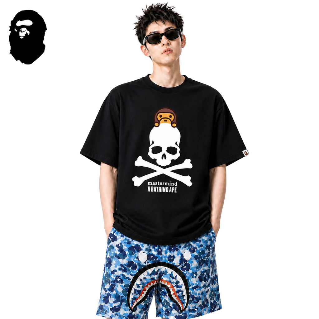 BAPE x Mastermind Baby Milo Skull Men's T-Shirt - Black - Black streetwear model on pure white background