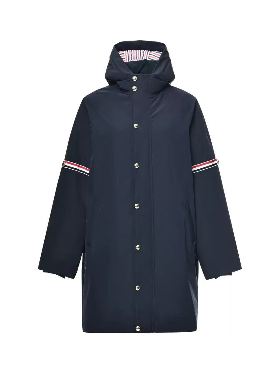Unisex mid-length down jacket by Thom Browne, outerwear detail view