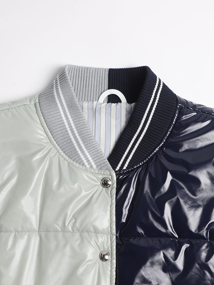 Unisex Shiny Colorblock Baseball Collar Vest by Thom Browne, outerwear detail view