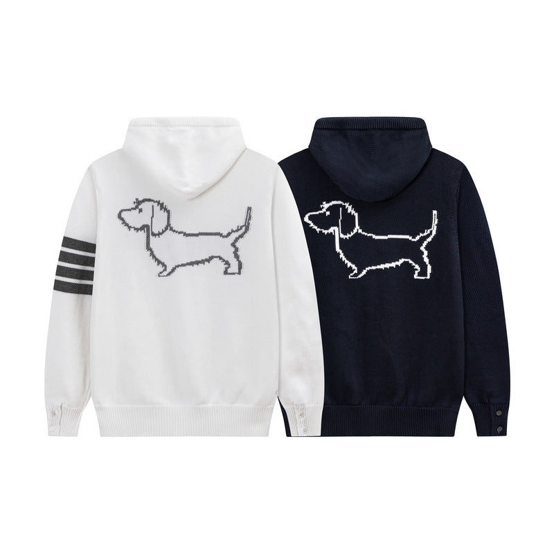 Back puppy hoodie by Thom Browne, outerwear detail view