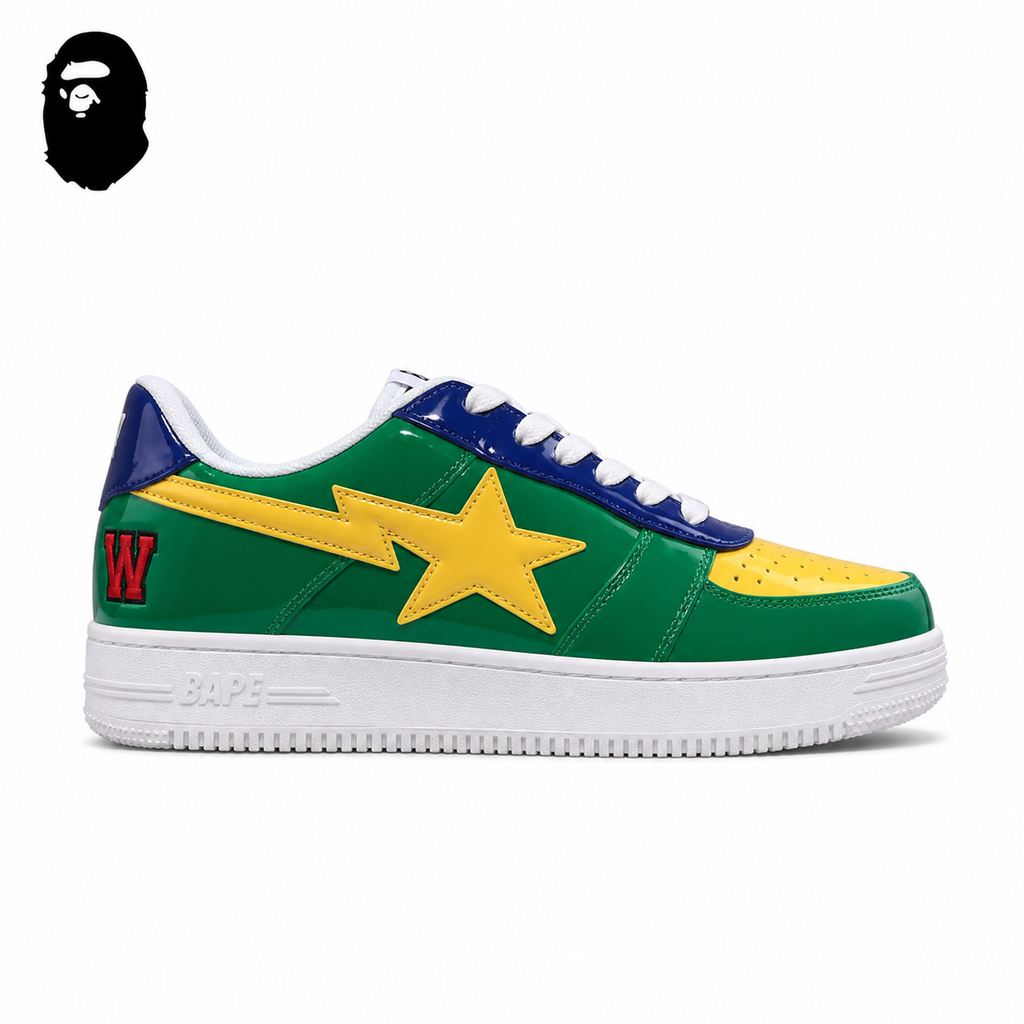 BAPE STA Shark Face Low-Top Sneakers - Green/Yellow, single side view on a white background