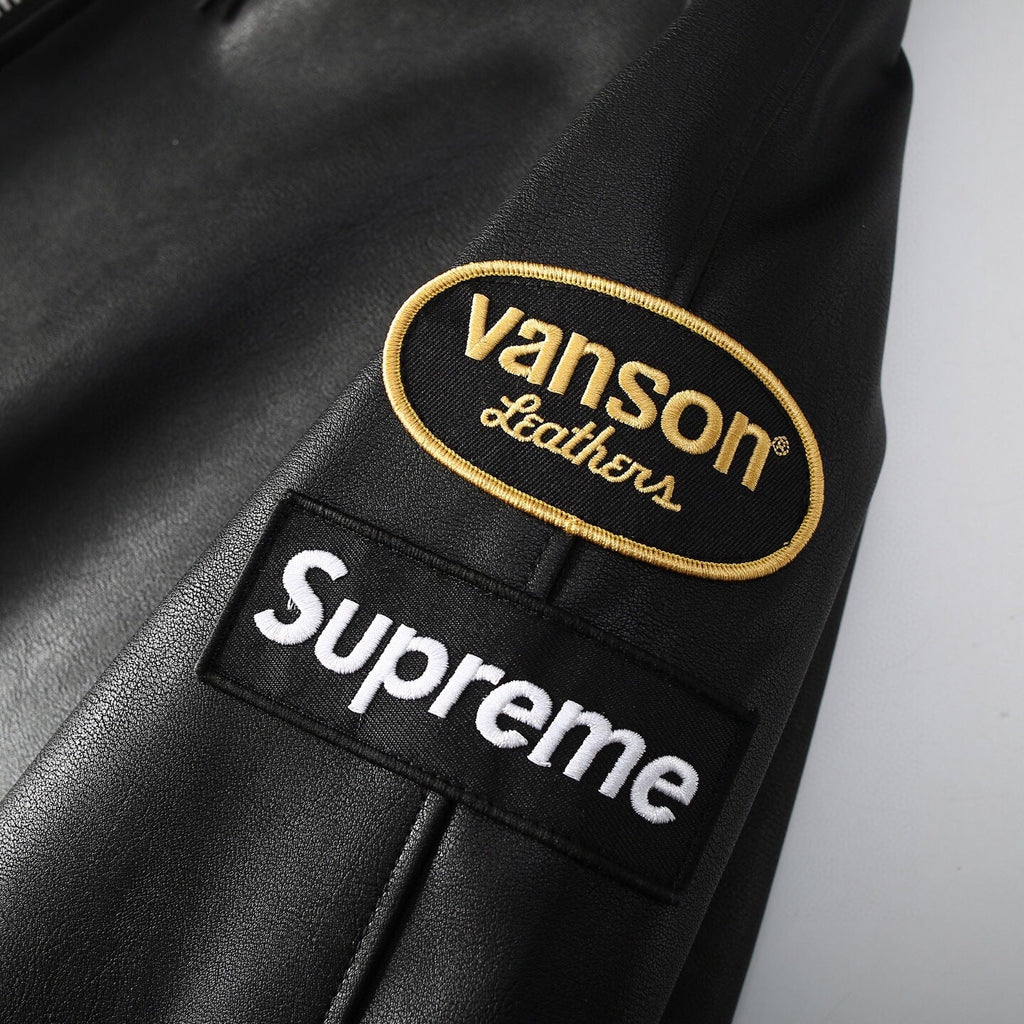 Embroidered Logo Patch Zip-Up Leather Jacket