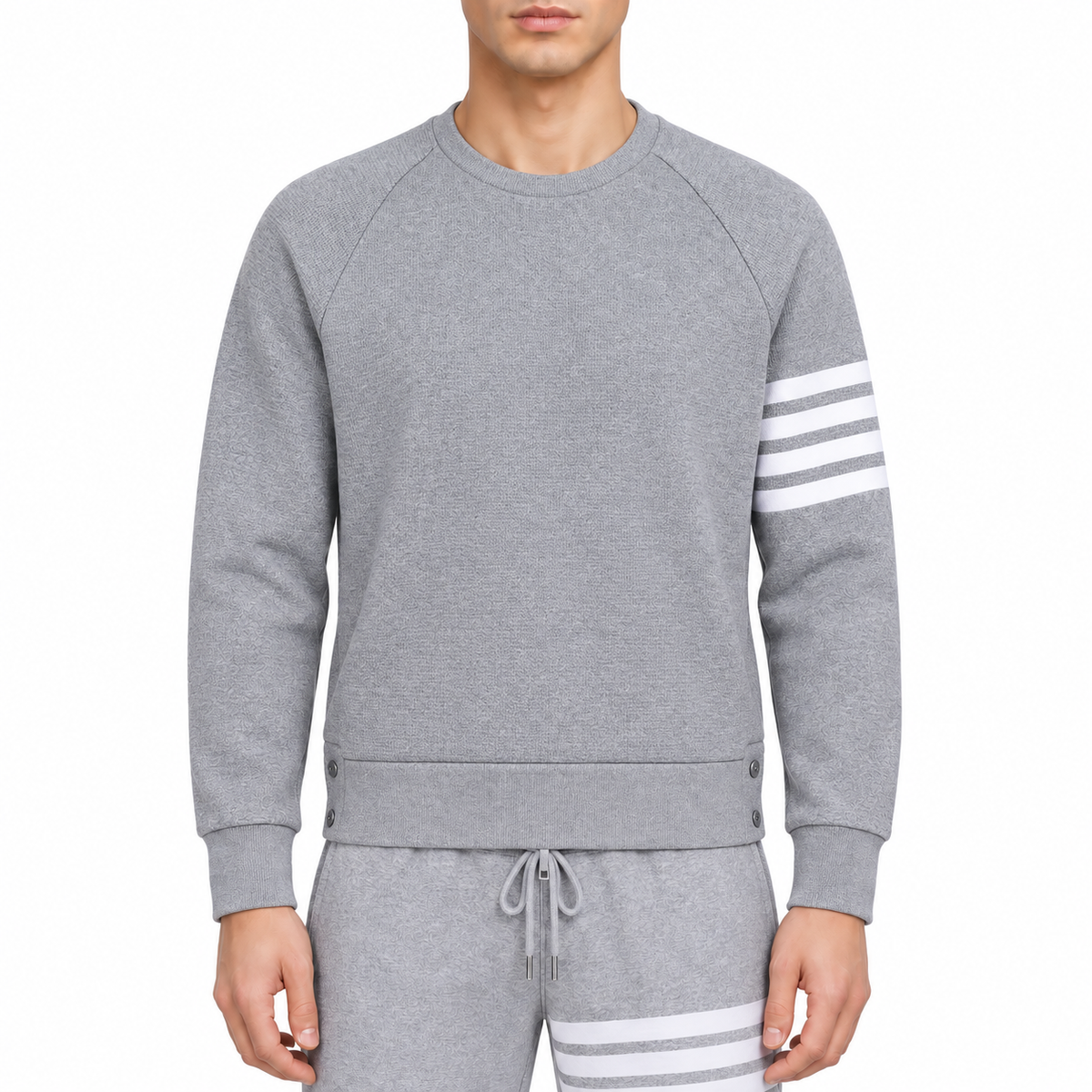 Couples Sweatshirt by Thom Browne, modeled on a pure white background