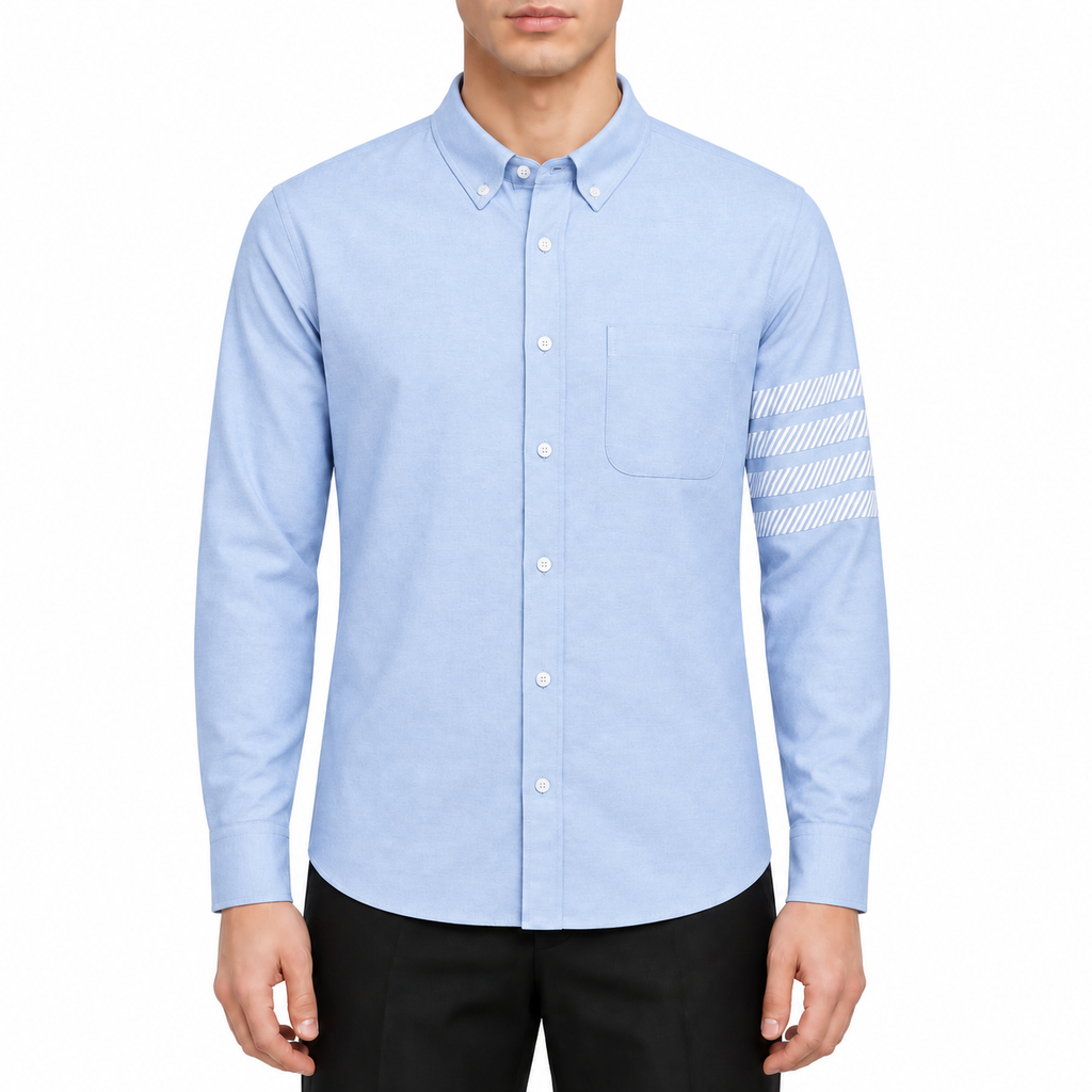 Men's 4-Bar shirts by Thom Browne, modeled on a pure white background