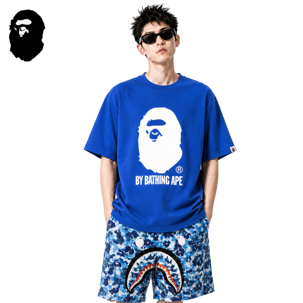 BAPE Bicolor Ape Head Men's Graphic T-Shirt - Blue - Blue streetwear model on pure white background