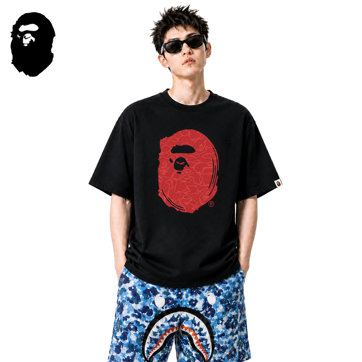 BAPE 30th Anniversary Red Ape Head Men's T-Shirt - Black - Black streetwear model on pure white background