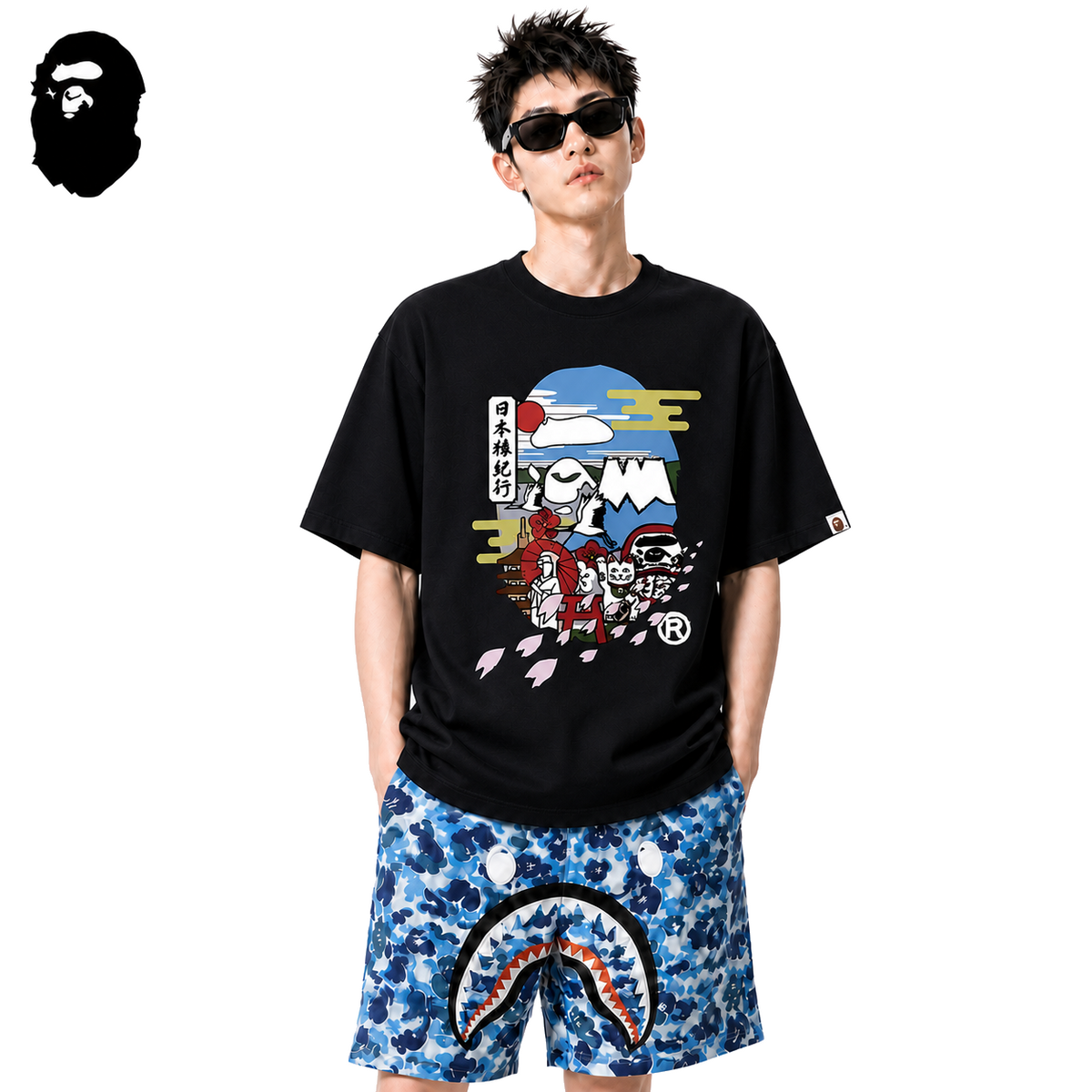 BAPE Japan Culture Ape Head Men's T-Shirt - Black - Black streetwear model on pure white background