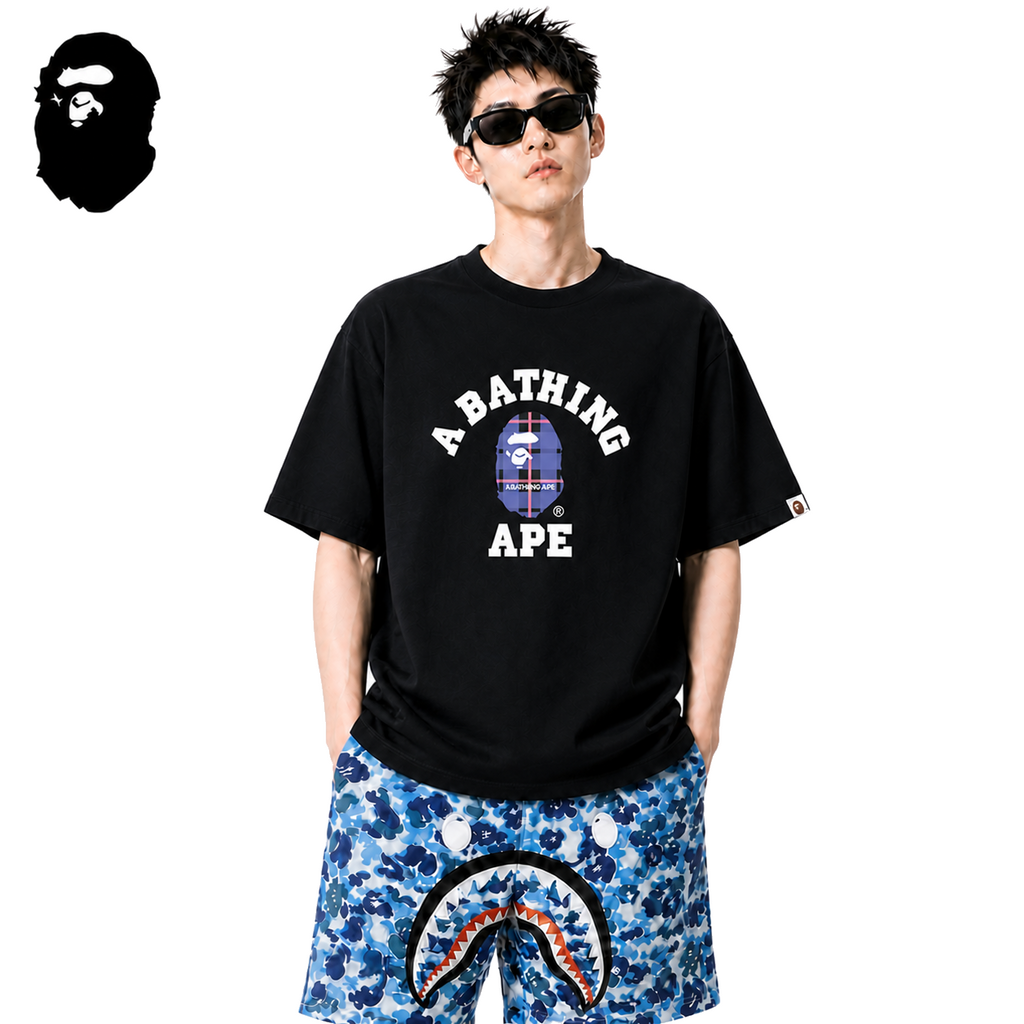 BAPE Check College Ape Head Men's T-Shirt - Black - Black streetwear model on pure white background