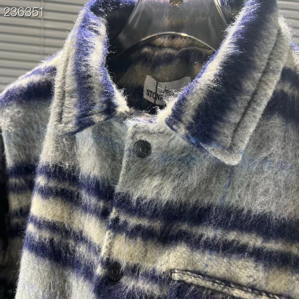 Stone Island Heavyweight Wool-Blend Plaid Badge Lapel Coat
