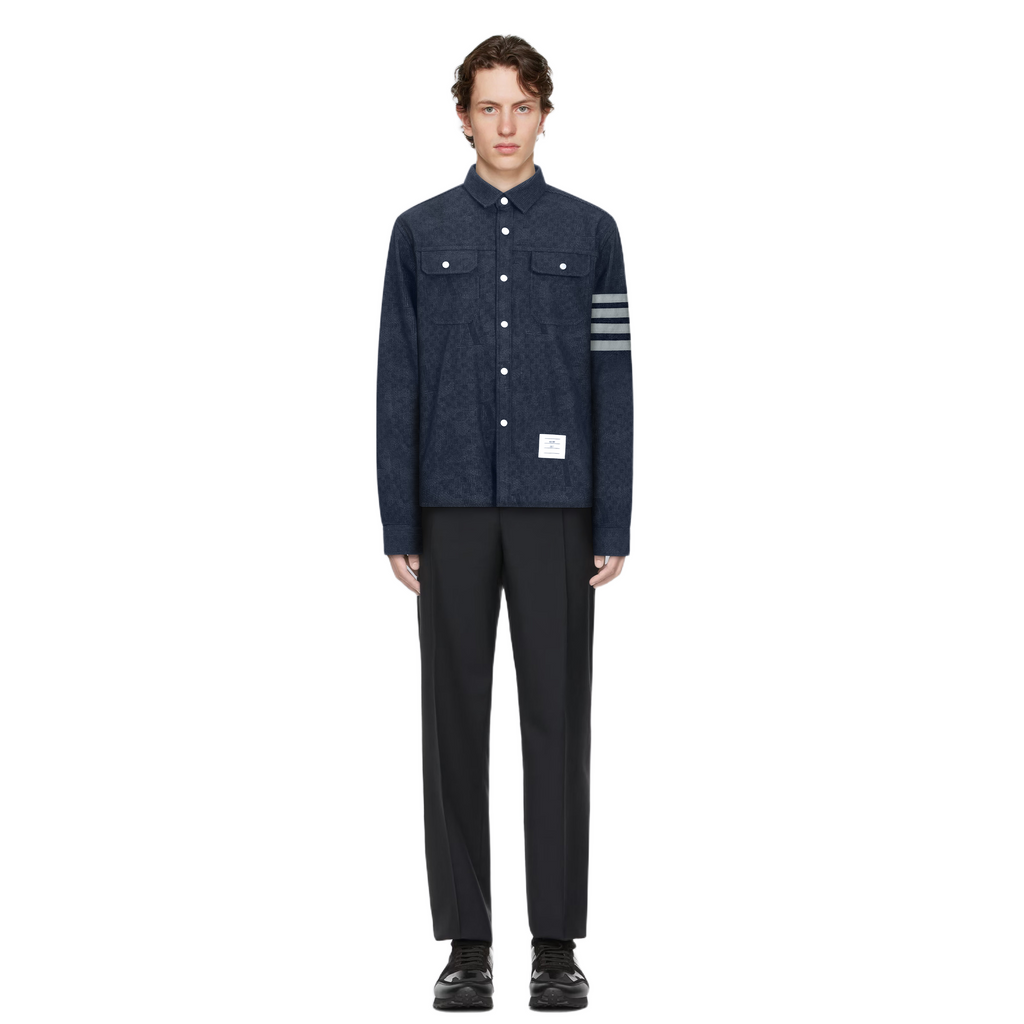 denim shirt by Thom Browne, outerwear detail view