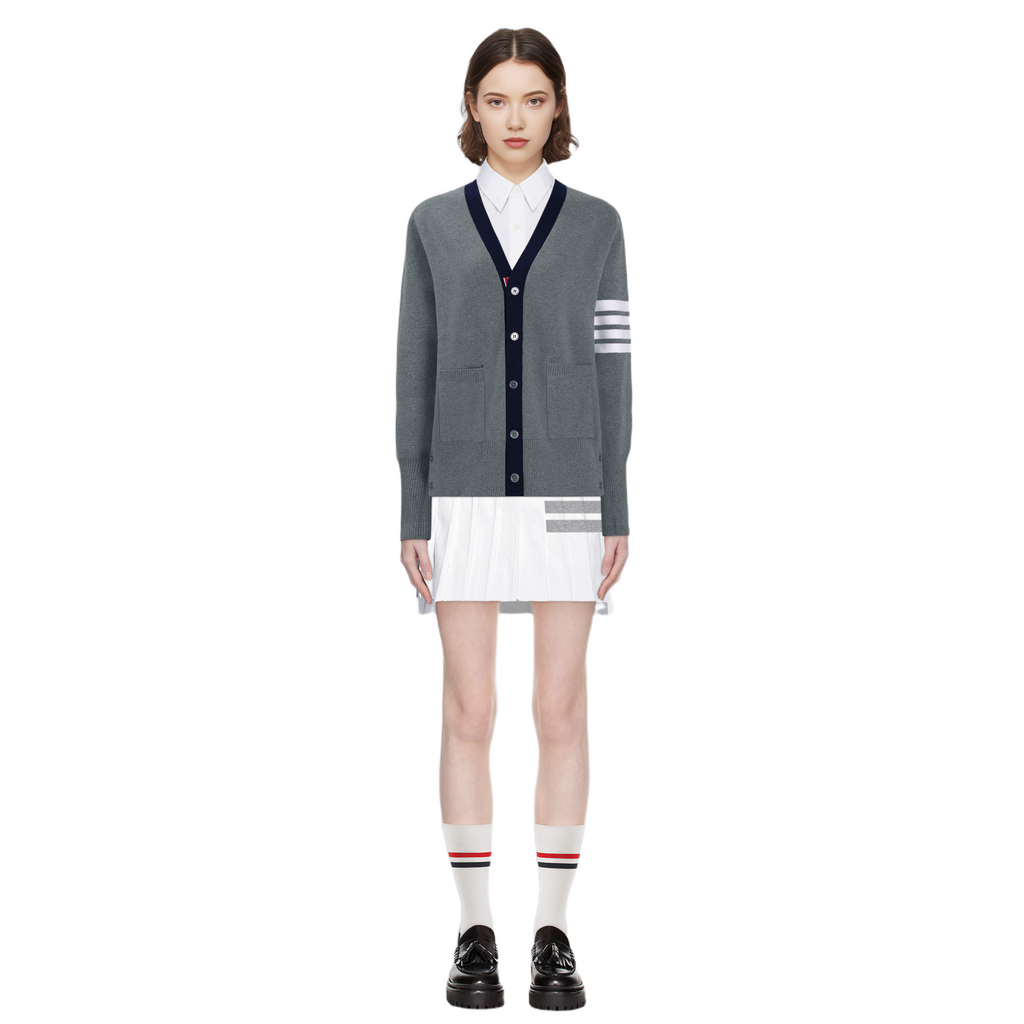 Unisex cardigan by Thom Browne, knitwear detail view