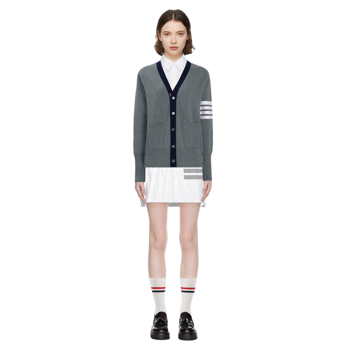 Unisex cardigan by Thom Browne, knitwear detail view