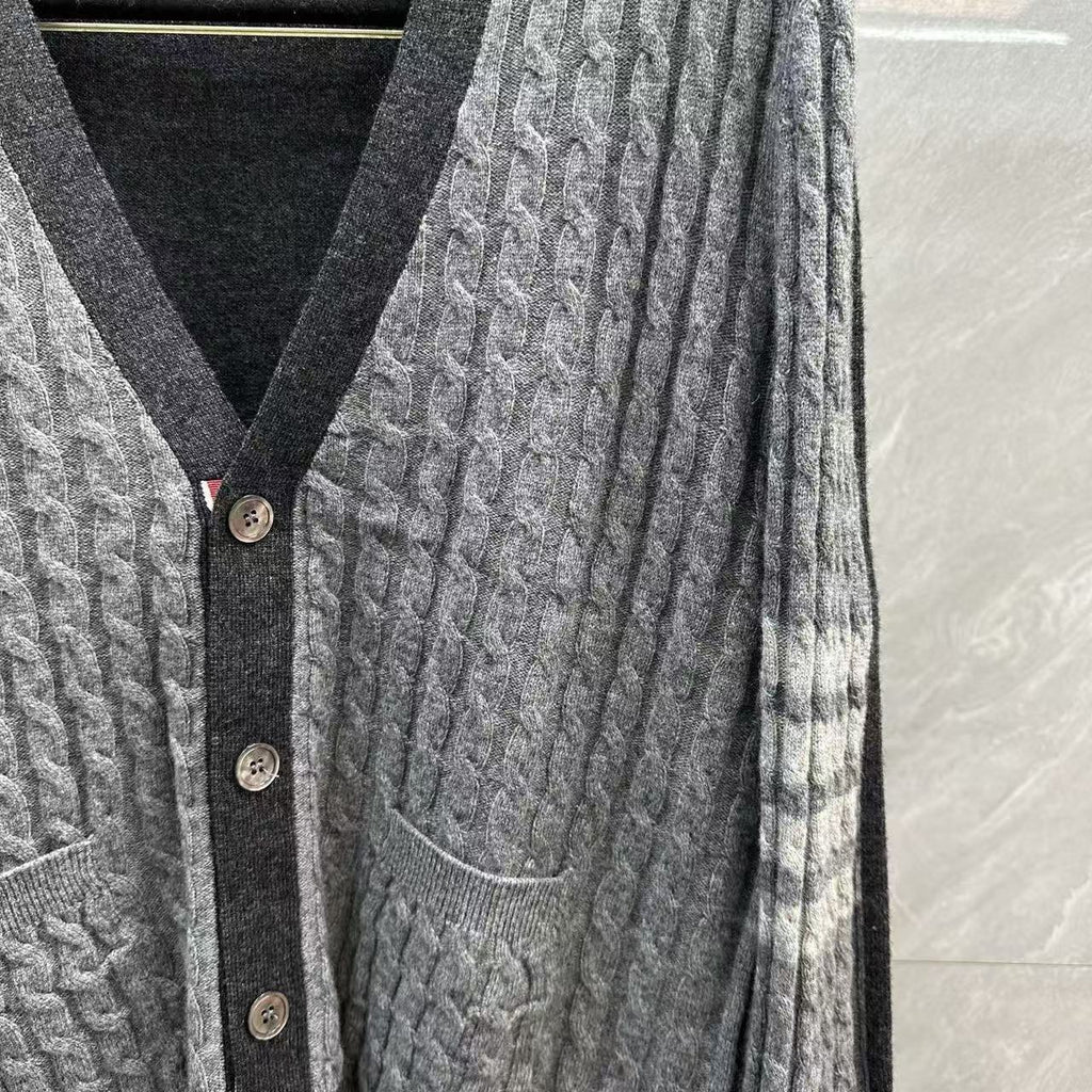 Unisex Two-Tone Cable Knit V-Neck Cardigan - Grey Wool by Thom Browne, outerwear detail view