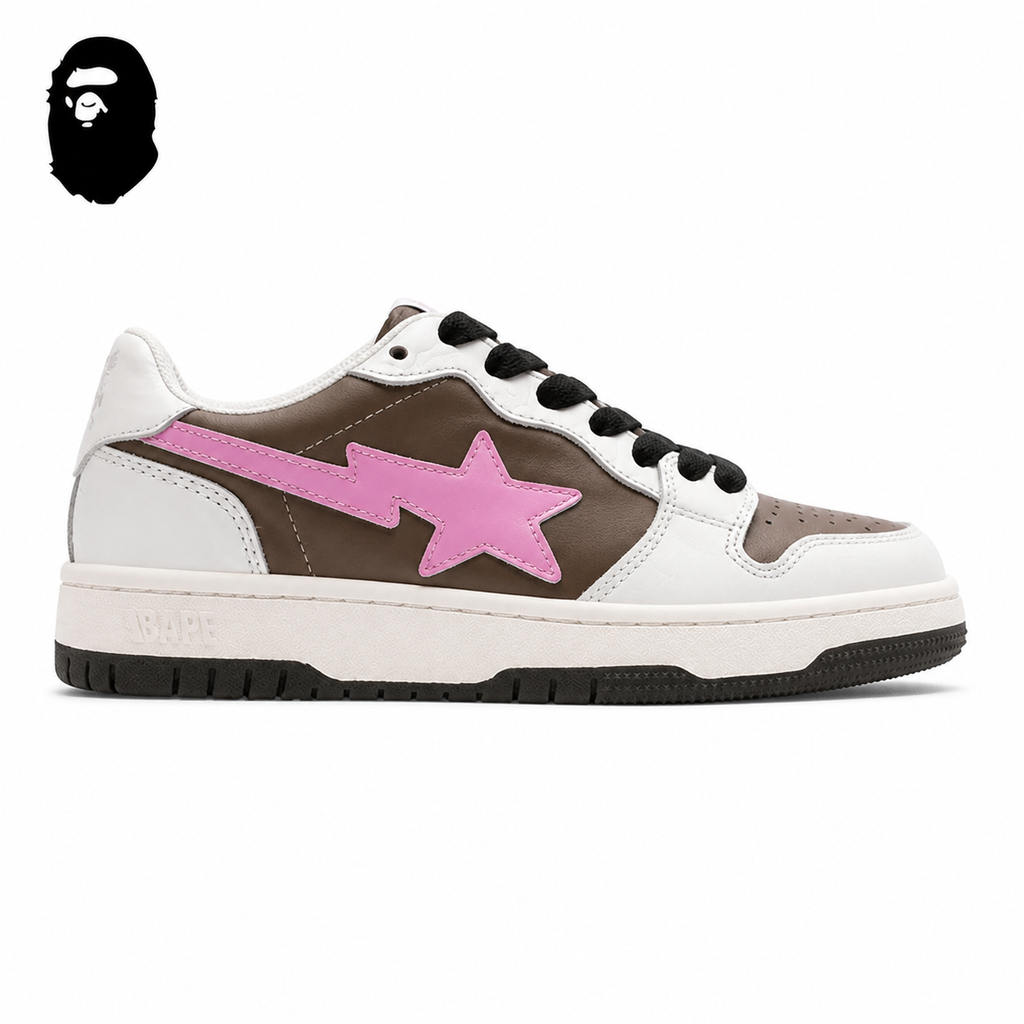 BAPE SK8 STA Low-Top Sneakers - White/Pink/Brown, single side view on a white background