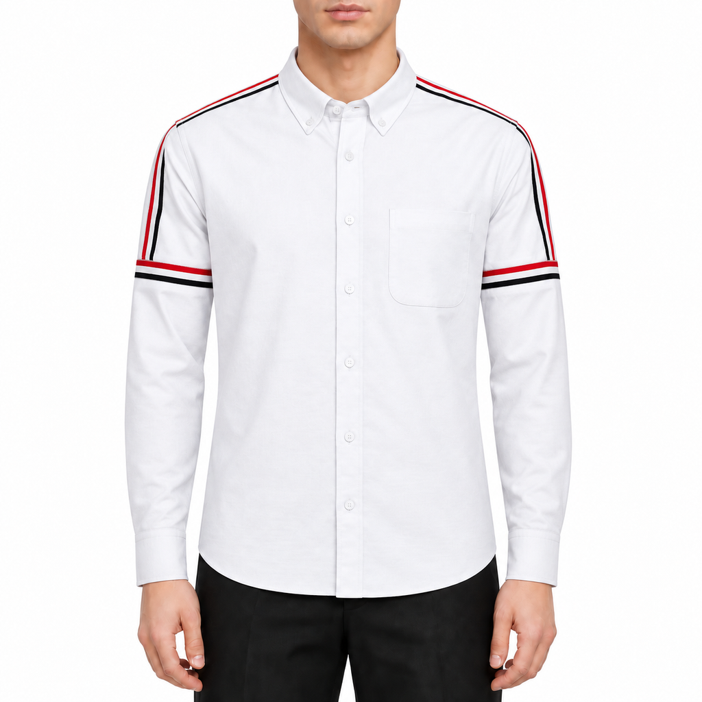 Classic Four-Bar Solid Dress Shirt by Thom Browne, modeled on a pure white background