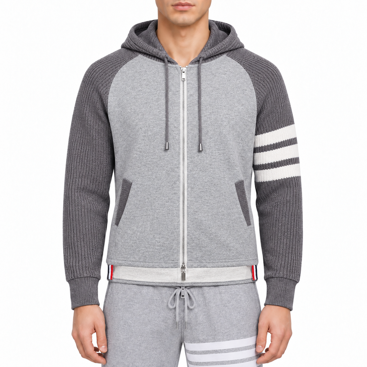 Classic Four-Bar Thickened Hoodie by Thom Browne, modeled on a pure white background