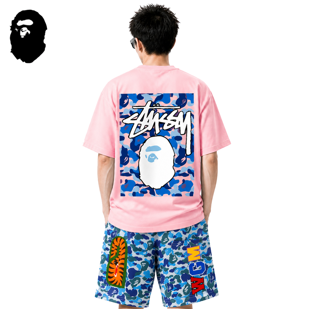BAPE x Stussy Blue Camo Back Print Men's T-Shirt - Pink - Pink streetwear model on pure white background