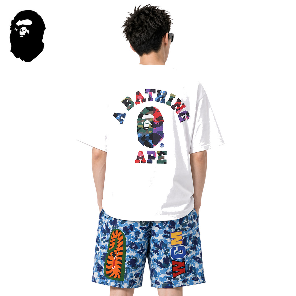 BAPE Multicolor Camo College Back Print Men's T-Shirt - White - White streetwear model on pure white background