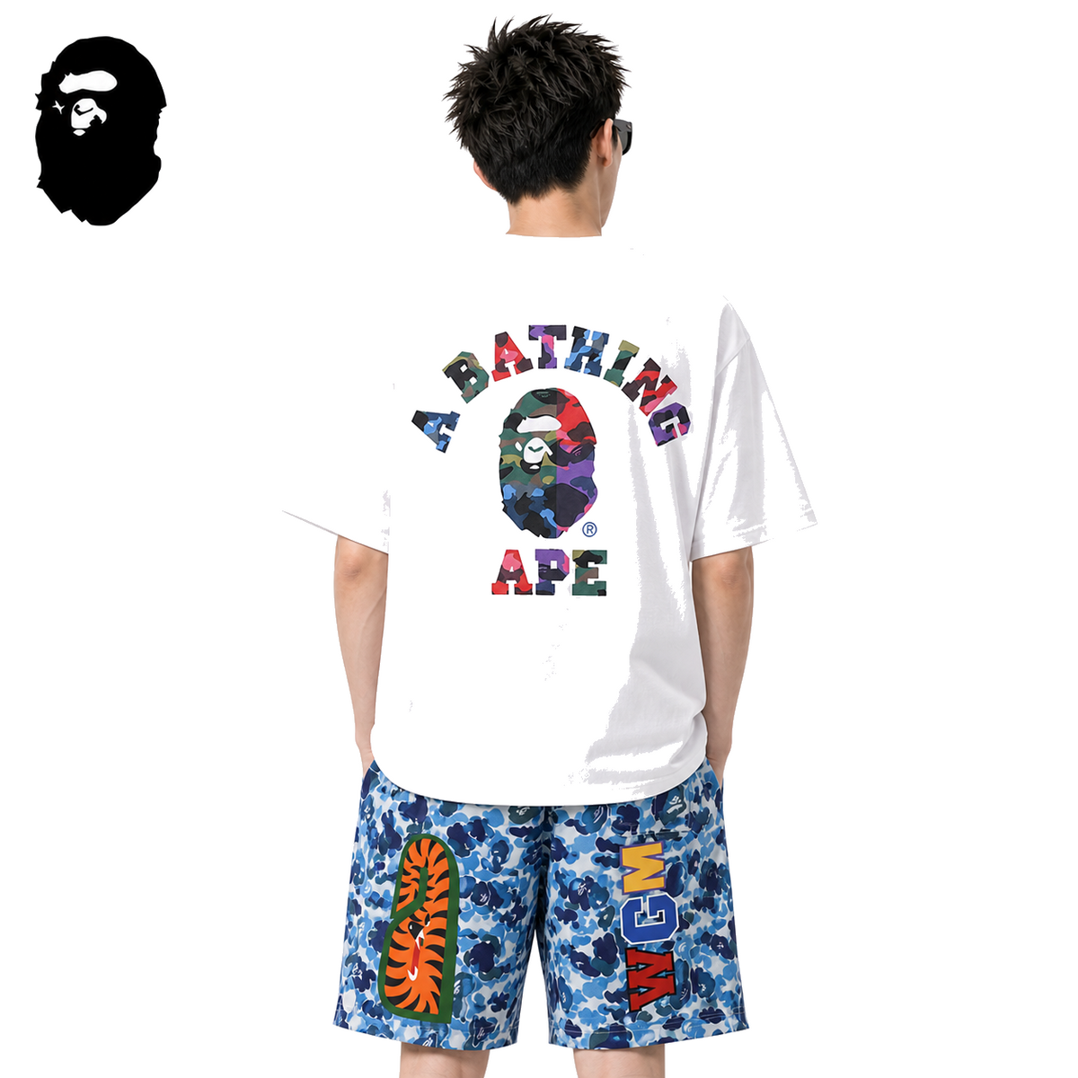 BAPE Multicolor Camo College Back Print Men's T-Shirt - White - White streetwear model on pure white background