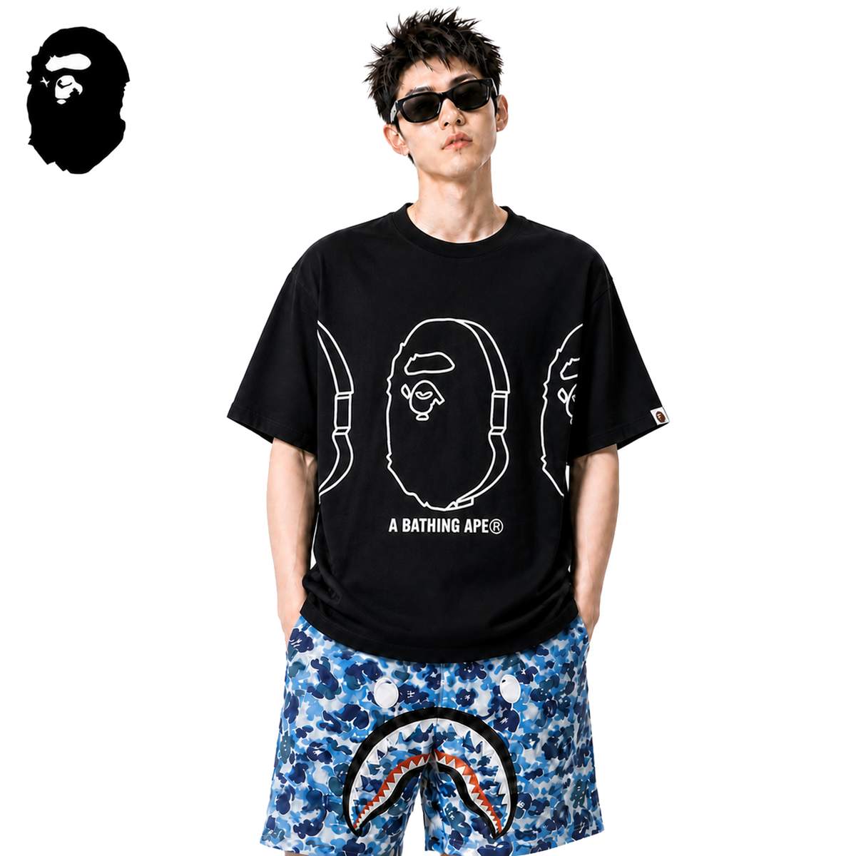 BAPE Triple Outline Ape Head Men's T-Shirt - Black - Black streetwear model on pure white background
