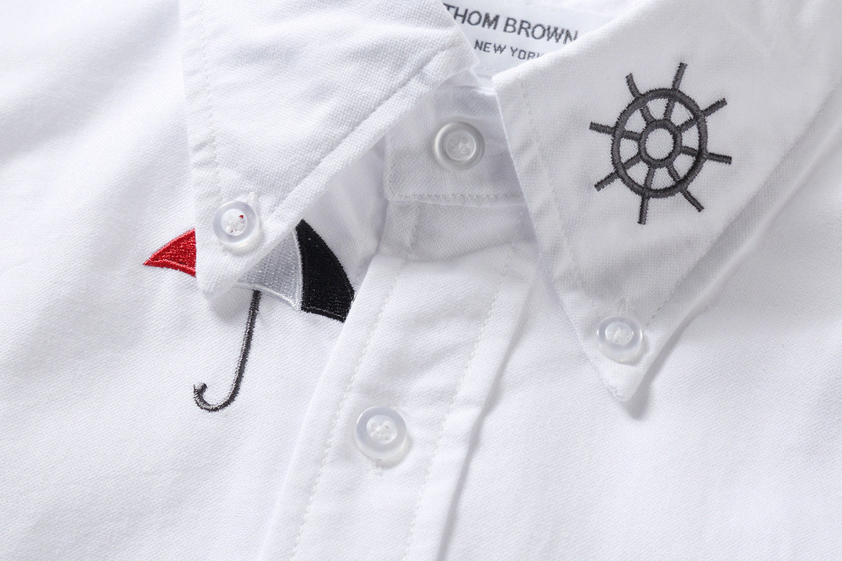 Men's Nautical Print Long-Sleeve Shirt — White & Blue by Thom Browne, shirt detail view