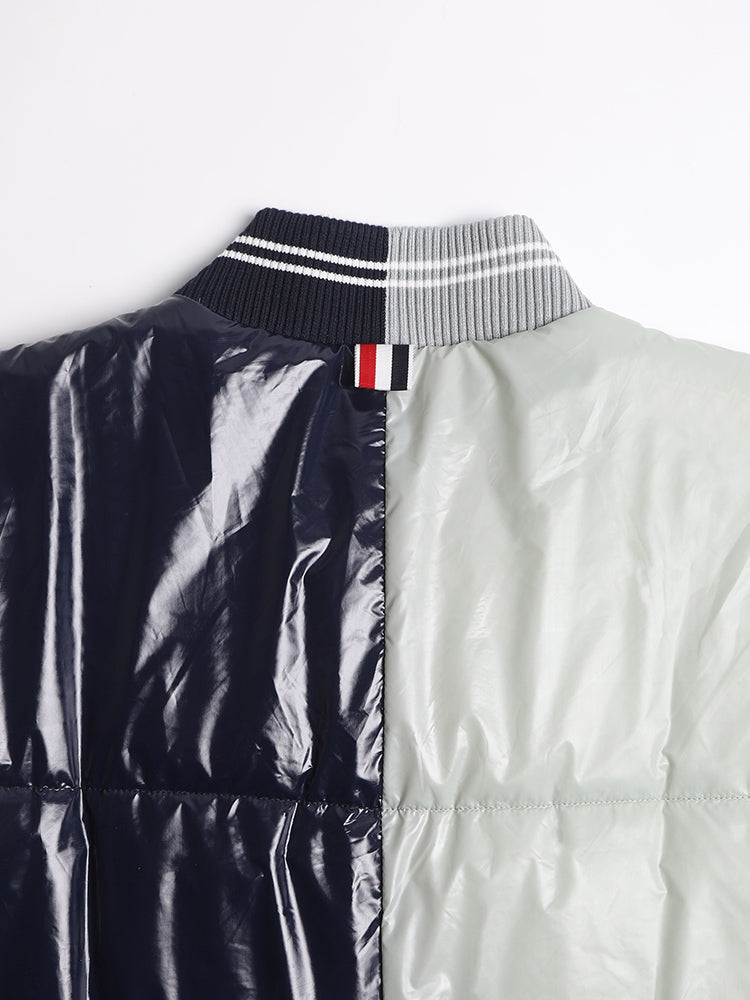Unisex Shiny Colorblock Baseball Collar Vest by Thom Browne, outerwear detail view