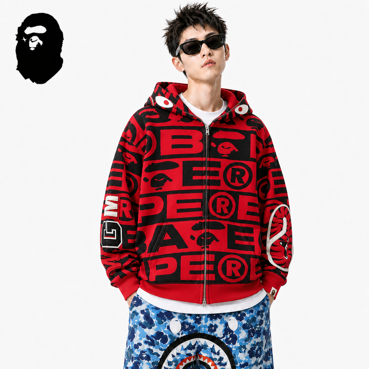 BAPE All-Over Logo Shark Zip Hoodie styled on a male model
