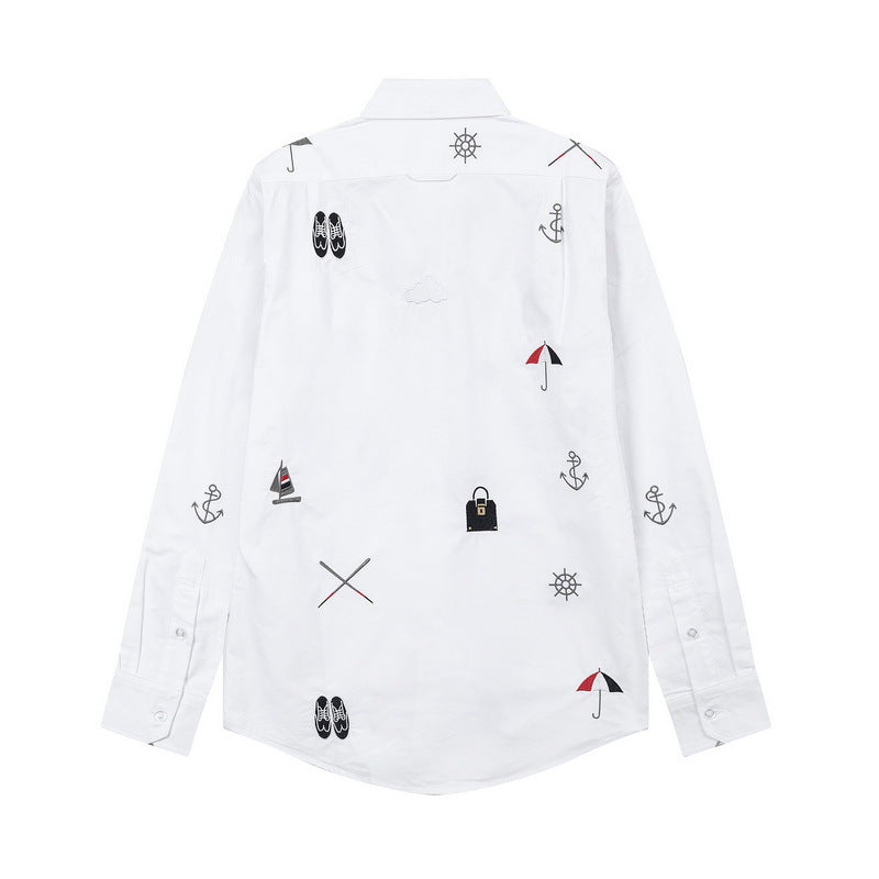 Men's Nautical Print Long-Sleeve Shirt — White & Blue by Thom Browne, shirt detail view