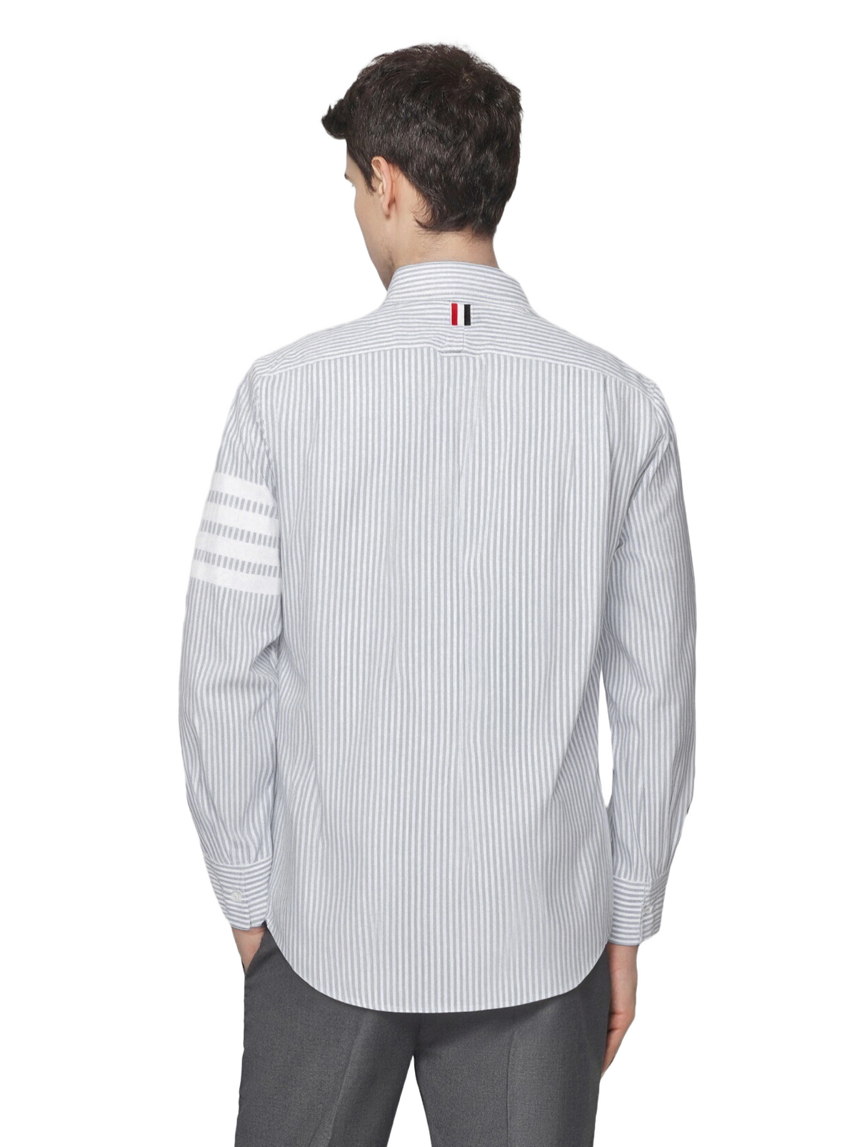Men's Striped Long-Sleeve Shirt — Classic Button Collar by Thom Browne, shirt detail view