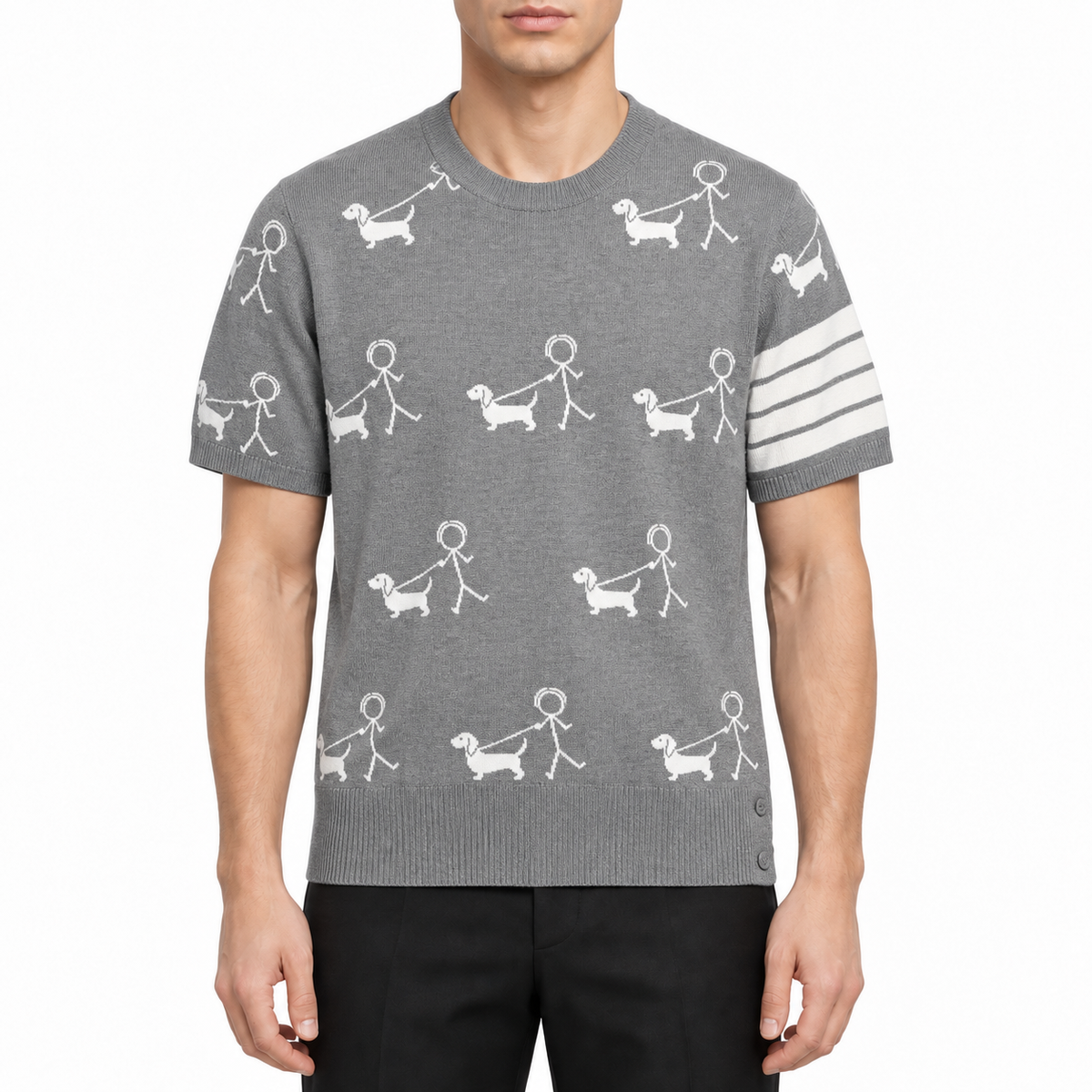 Knitted T-shirt by Thom Browne, modeled on a pure white background