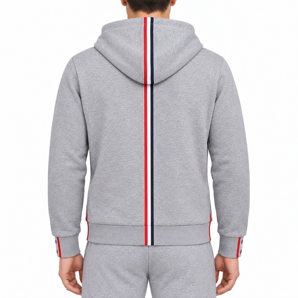 Color stripes Hoodie by Thom Browne, modeled on a pure white background