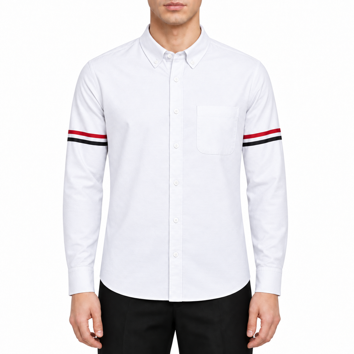 Classic Four-Bar Oxford Dress Shirt by Thom Browne, modeled on a pure white background