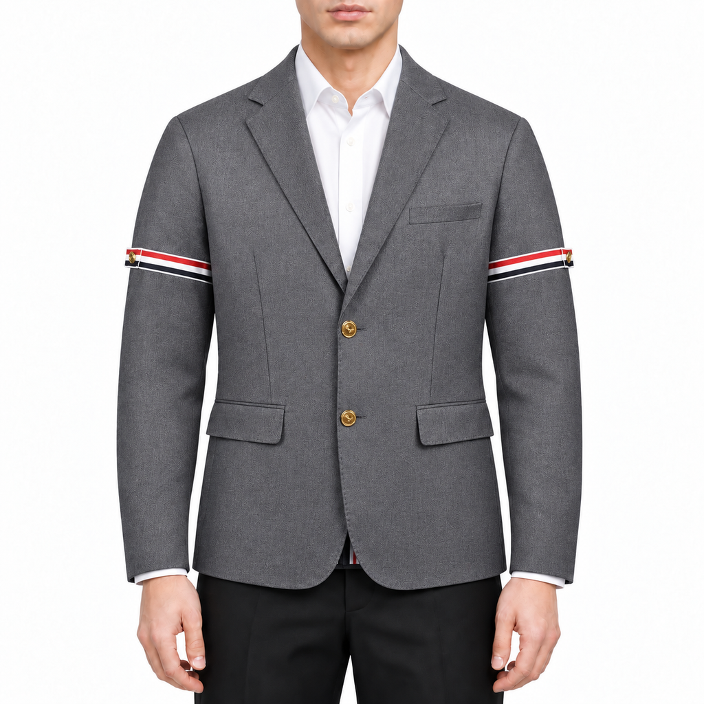 Men's 4 - Bar Heritage Suit - Ultimate Comfort - Classic Design by Thom Browne, modeled on a pure white background