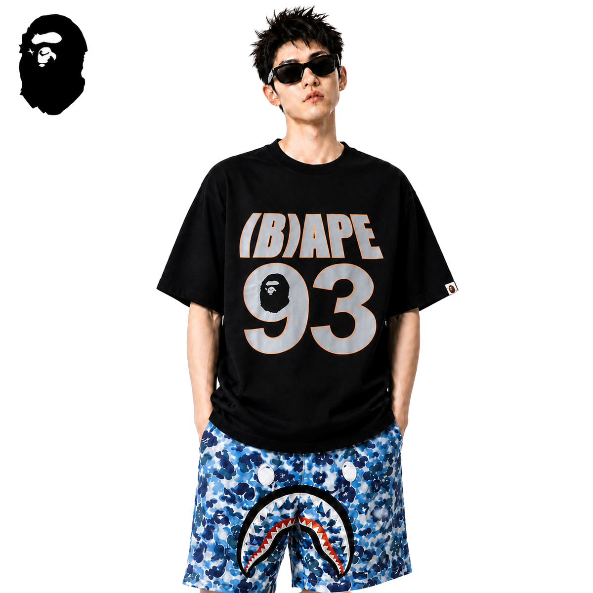 BAPE 93 Logo Men's Graphic T-Shirt - Black - Black streetwear model on pure white background