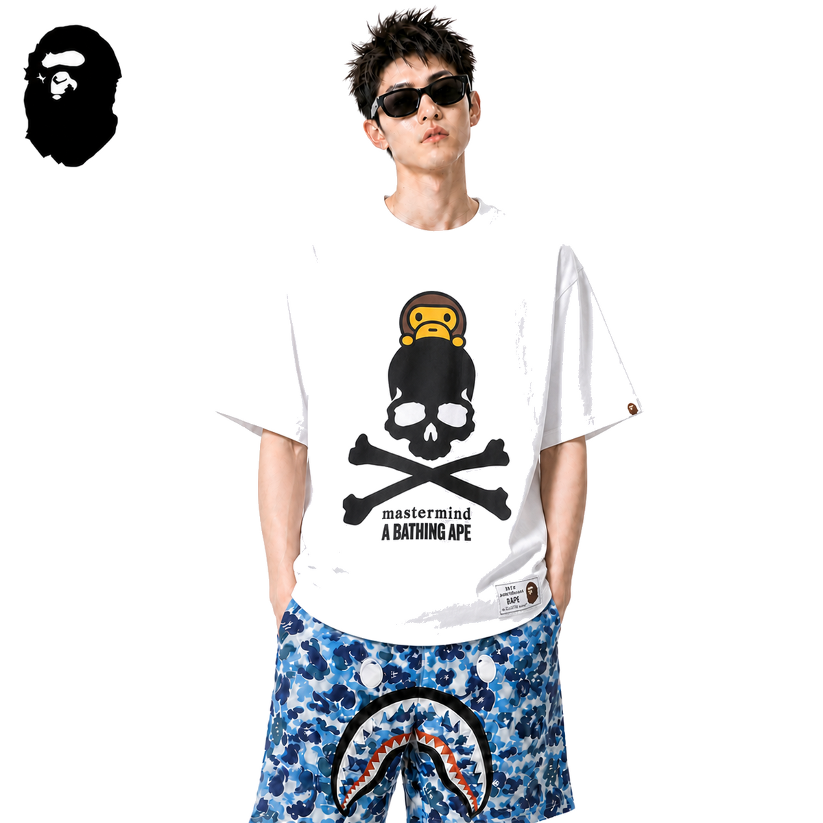 BAPE x Mastermind Baby Milo Skull Men's T-Shirt - White - White streetwear model on pure white background