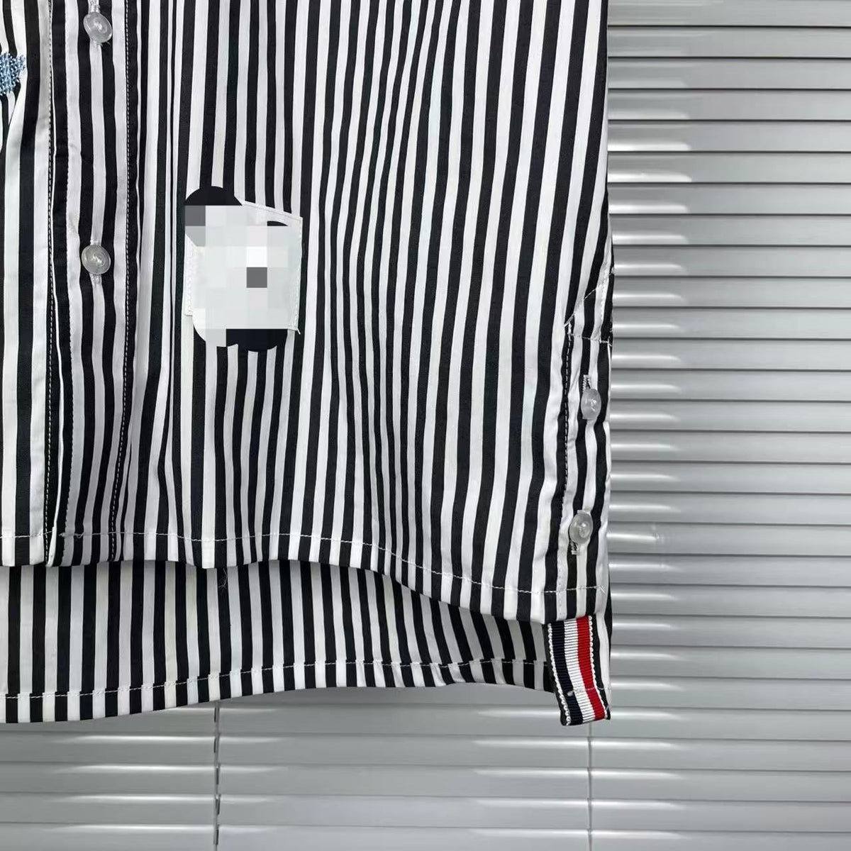 Striped Sailboat Embroidered Shirt — Unisex Short-Sleeve by Thom Browne, shirt detail view