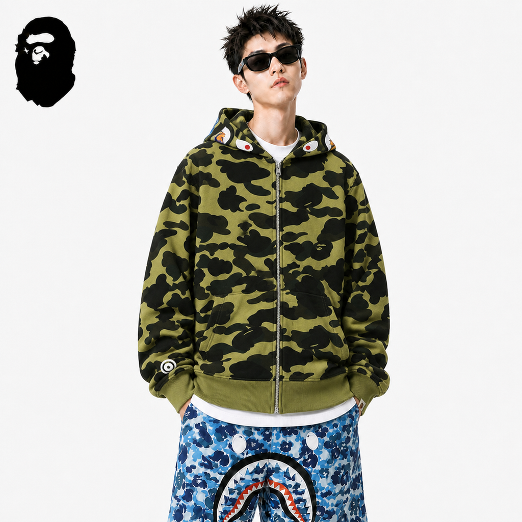 BAPE Green Camo Shark Hoodie styled on a male model