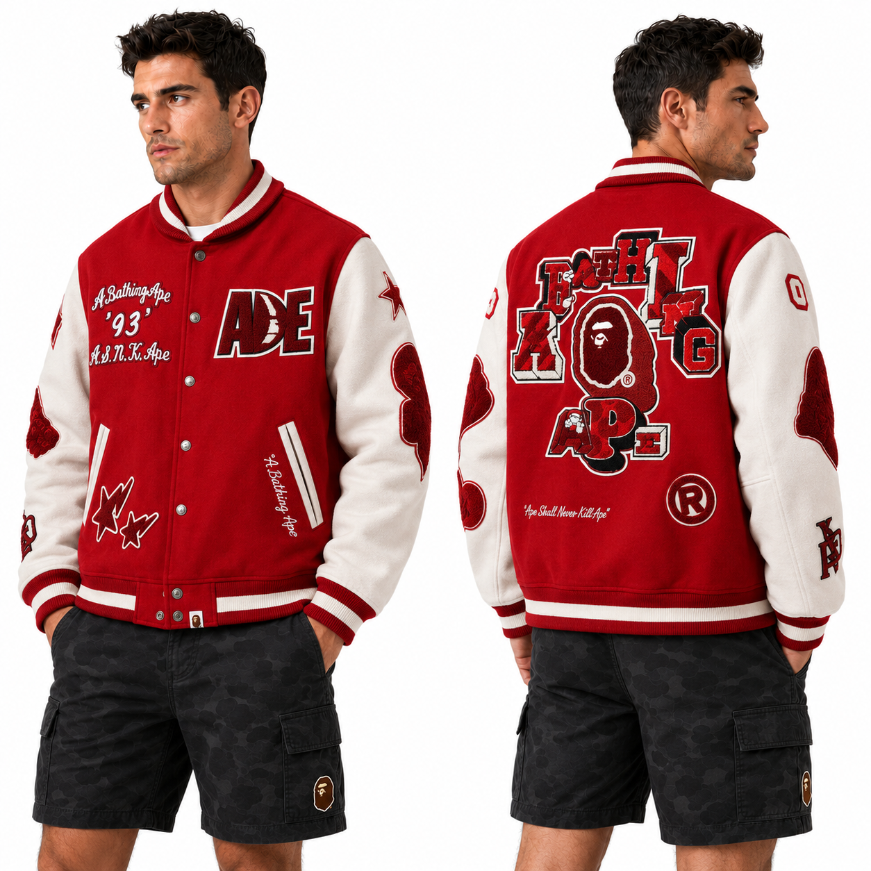 BAPE Leather Long Sleeve Red Baseball Jacket
