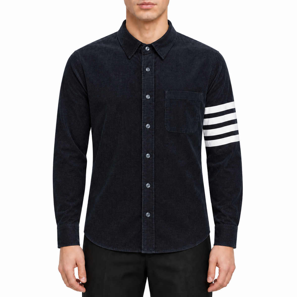 Classic Four-Bar Heavy Oxford Shirt - 100% Cotton Made in Japan by Thom Browne, modeled on a pure white background