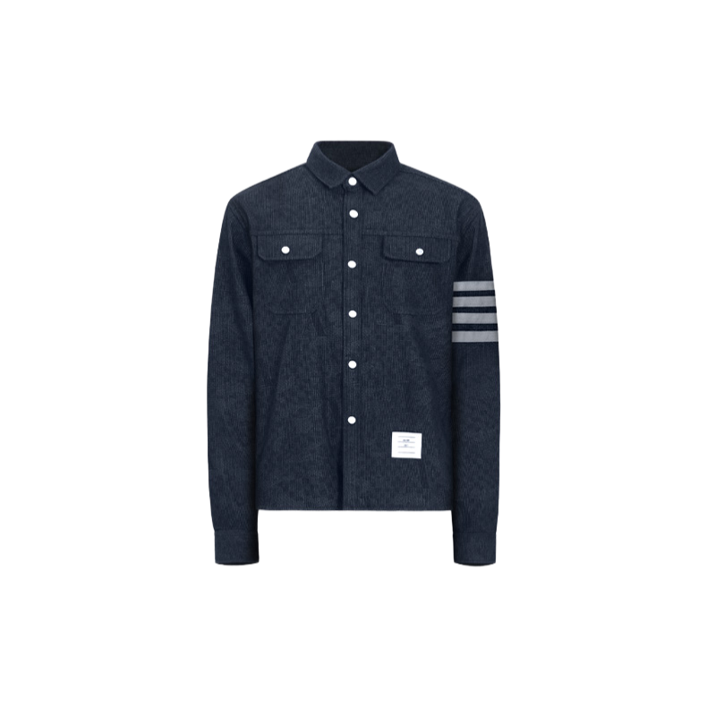 denim shirt by Thom Browne, outerwear detail view