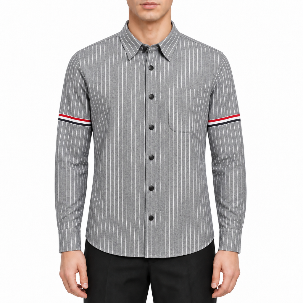 Men's Long-Sleeve Shirt by Thom Browne, modeled on a pure white background