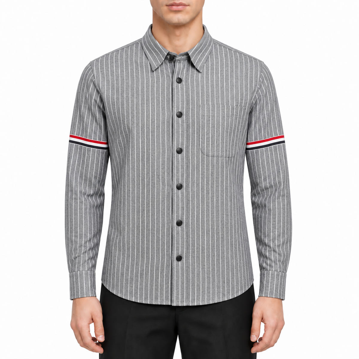 Men's Long-Sleeve Shirt by Thom Browne, modeled on a pure white background