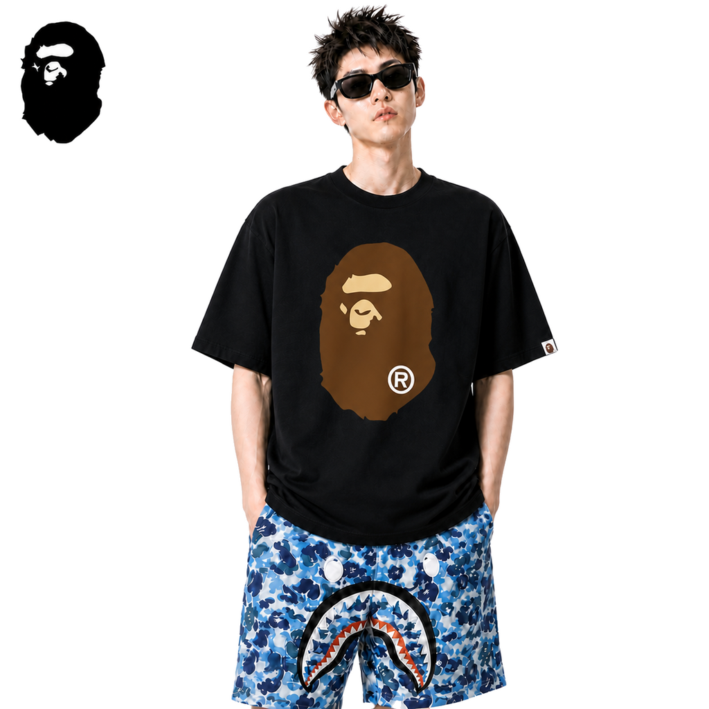 BAPE FW21 Brown Big Ape Head Men's T-Shirt - Black - Black streetwear model on pure white background