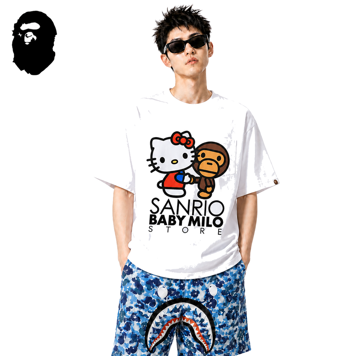 BAPE x Sanrio Hello Kitty Baby Milo Men's T-Shirt - White - White streetwear model on pure white background